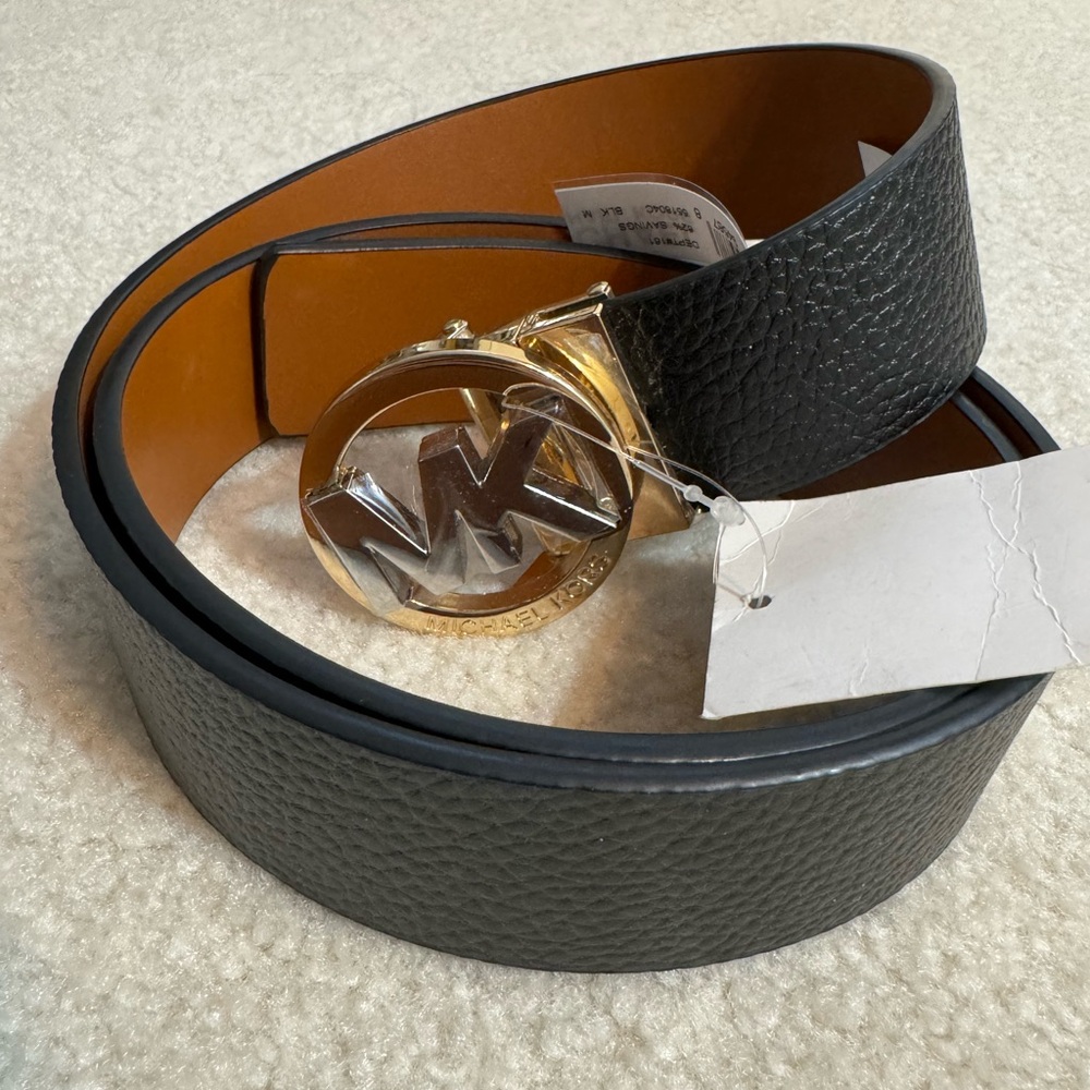 Michael Kors Black Textured Belt with Gold and Silver Buckle